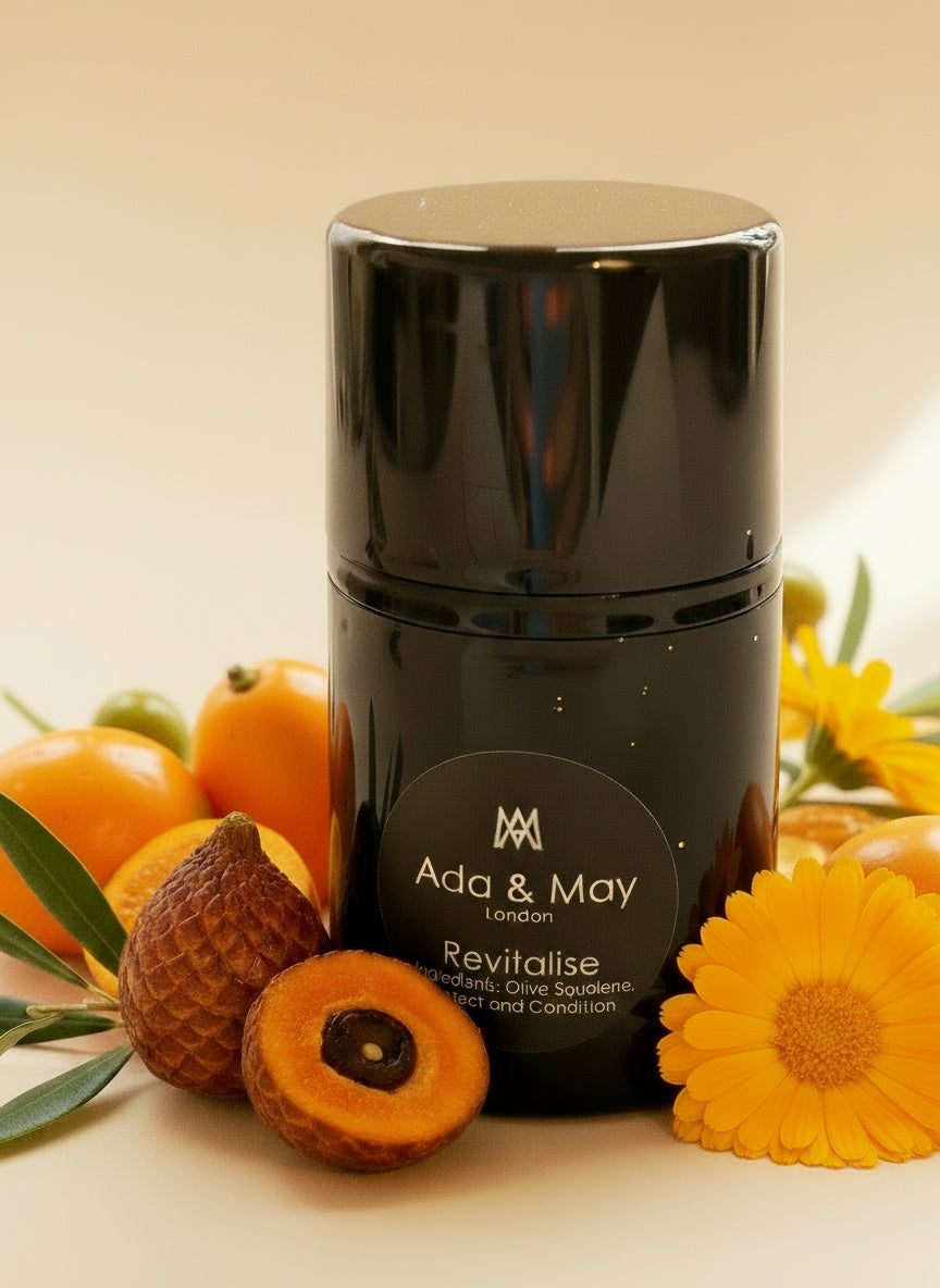 sensitive Black skincare bottle labeled 'Ada & May' with flowers and a blurred background
