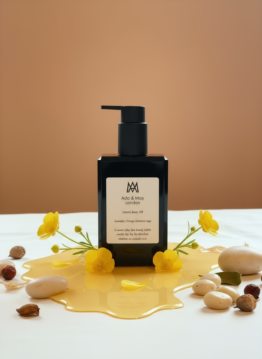 Black bottle of Ada & May London body oil with flowers and beans on a beige background