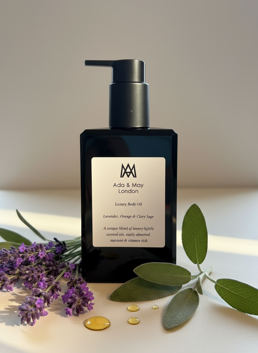 Body Oil bottle with a label on a surface with flowers and a box in the background