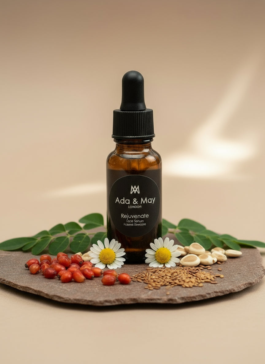 Bottle of Ada & May serum with flowers on a white background