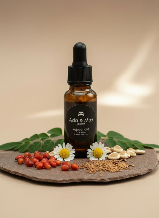 Bottle of Ada & May serum with flowers on a white background