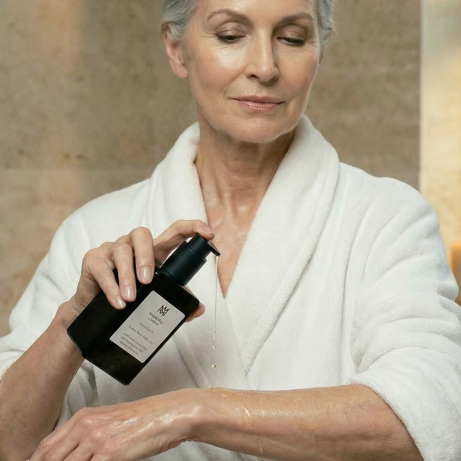 Woman in a white robe applying lotion to her arm in a bathroom setting
