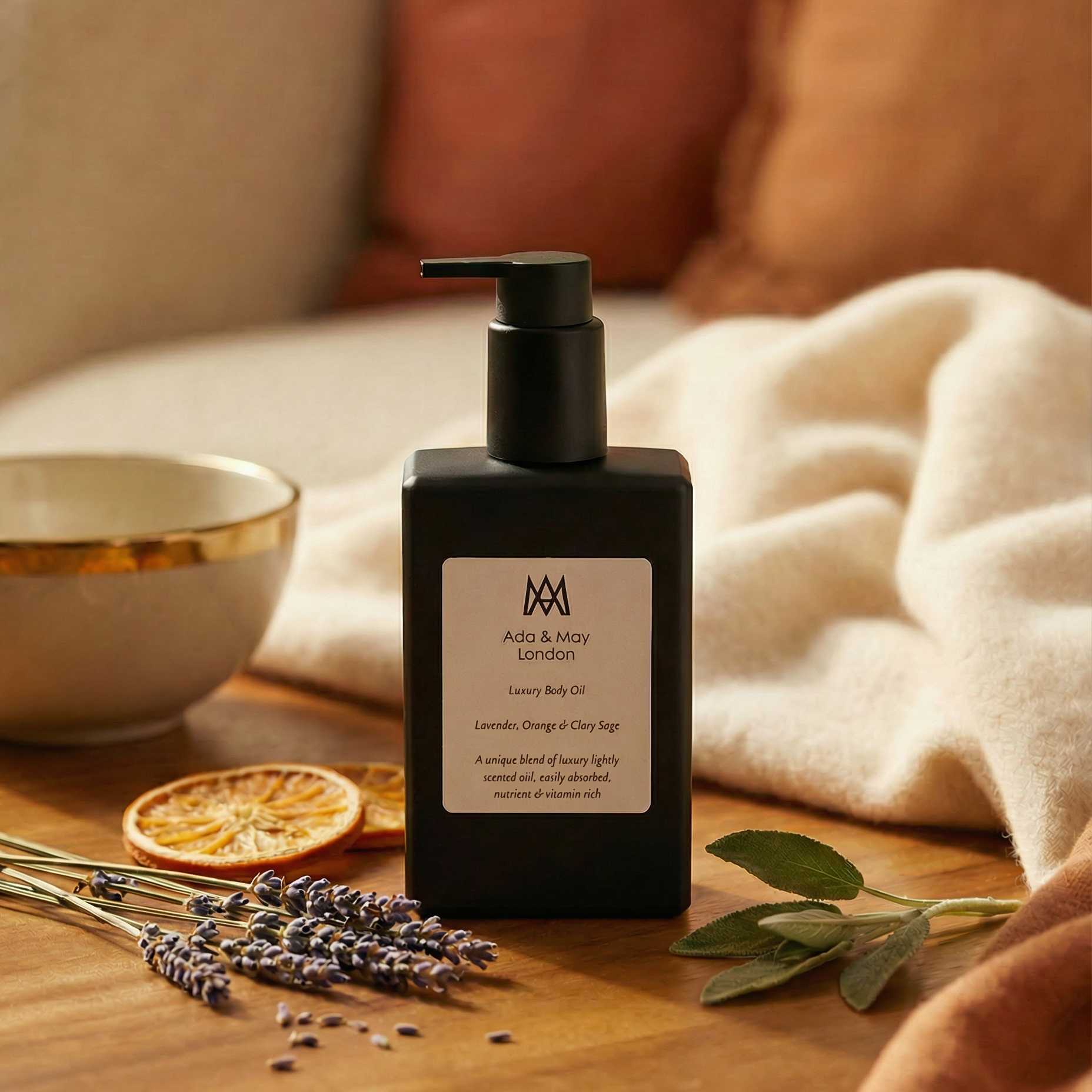 Black bottle of Ada and May body oil on a wooden surface with lavender and orange slices.