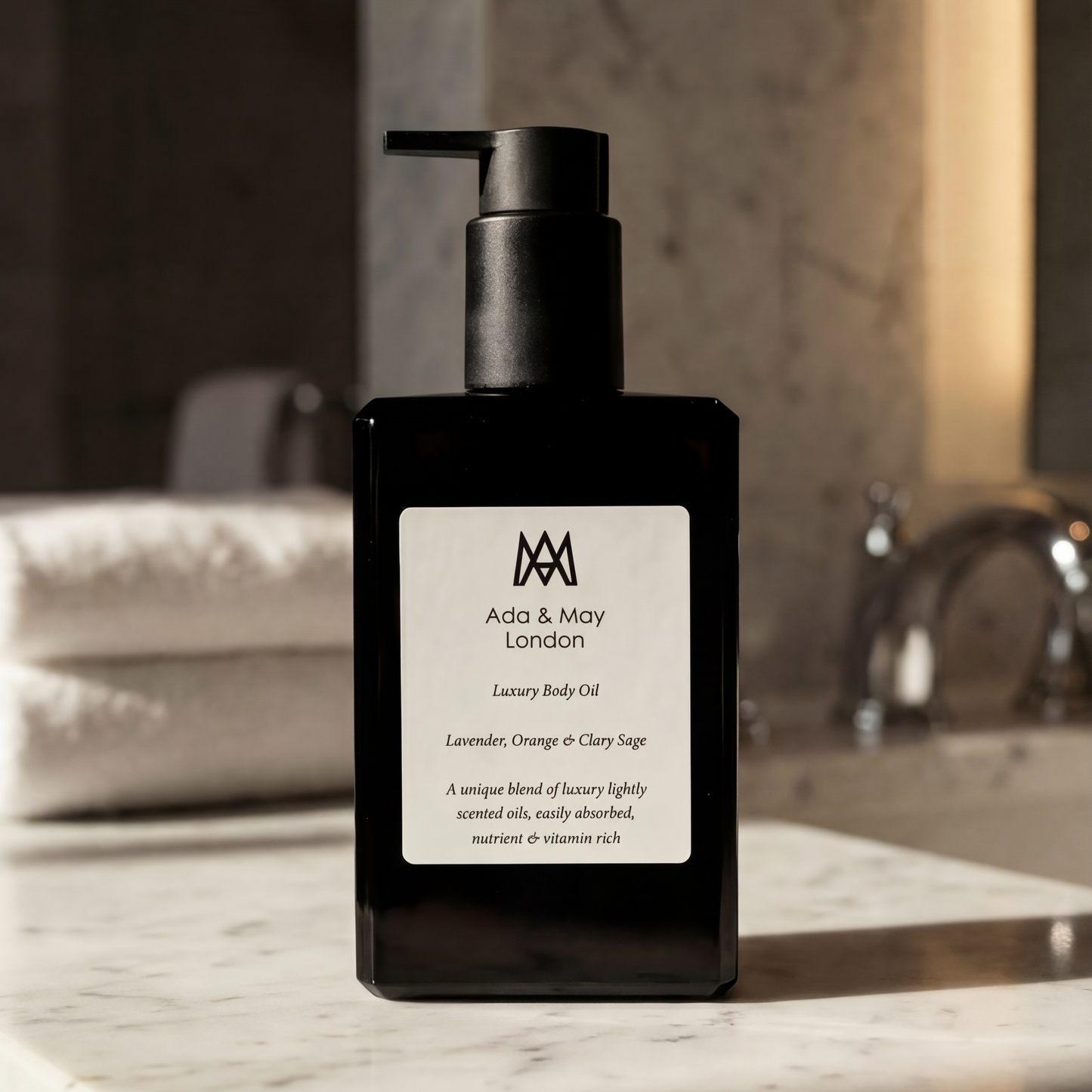 Black bottle of ada and may body oil on a marble countertop with a blurred bathroom background
