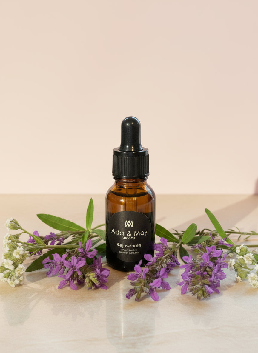 Black dropper bottle with 'Ada & May' branding on a white background with green leaves and purple flowers.